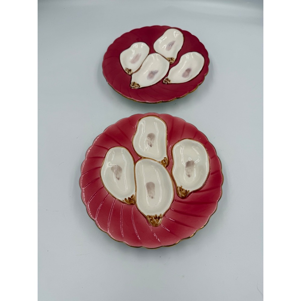 Abigails Raspberry Pink Oyster Plates Gold Rim Set of 2 Ceramic Coastal Decor